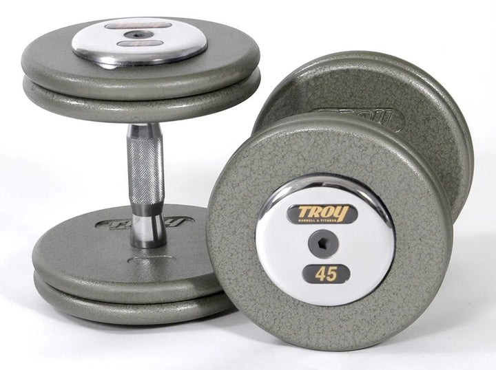 Troy Barbell Gray Pro-Style Dumbbell Set HFD countoured handle and chome end cap option