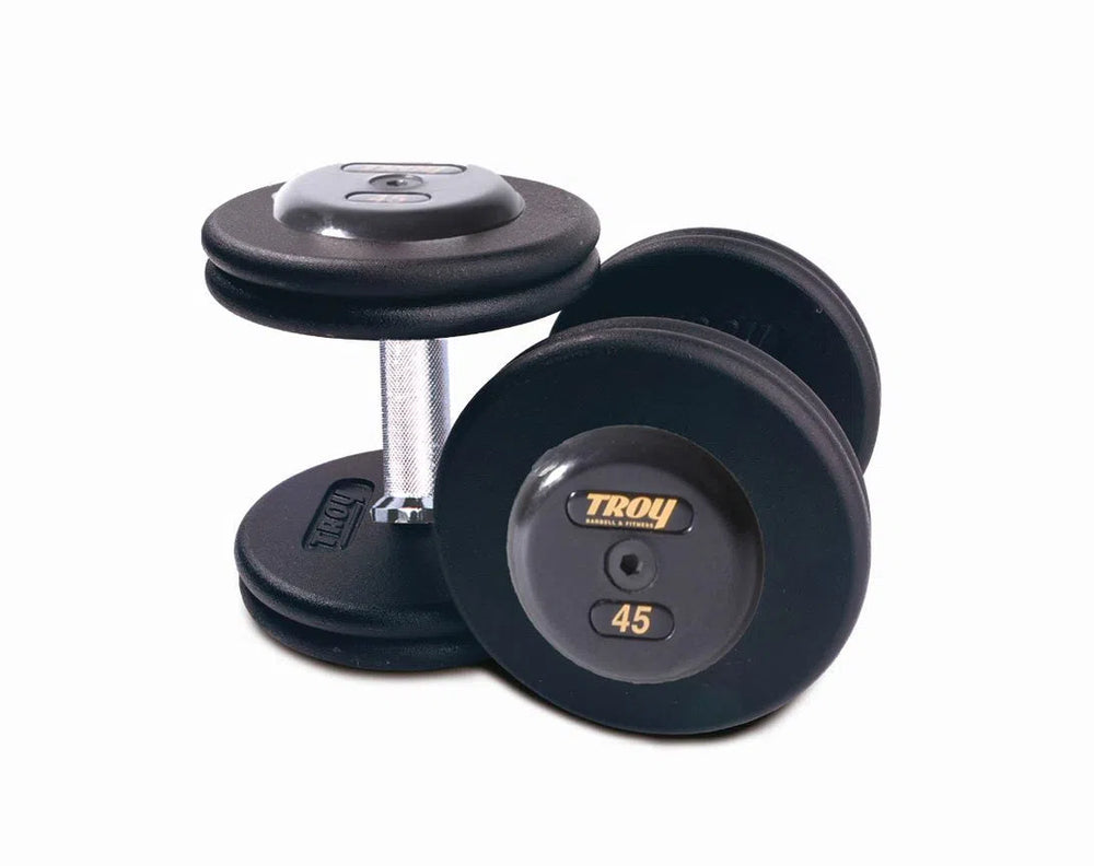 Troy Barbell Troy Black Pro-Style Dumbbells Set PFD with straight handle and black rubber cap option