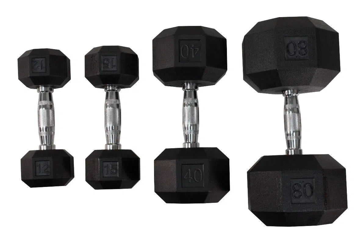 The VTX 3-50 lb Dumbbell Set, featuring black hex weights with chrome handles (12, 15, 40, and 80 lbs), is showcased on a white background. Its ideal for strength training enthusiasts and pairs perfectly with any vertical rack.