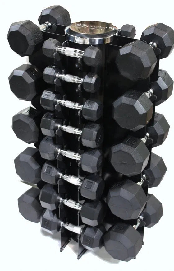 The VTX 3-50 lb Dumbbell Set with Vertical Rack is perfect for strength training, featuring sleek hexagonal black weights organized from lightest at the top to heaviest at the bottom for easy access and tidy storage.