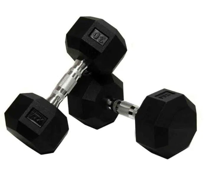 Two black hexagonal dumbbells with silver handles and 30 marked on them rest against a white background. This VTX Dumbbell Set, part of the VTX 5-75 lb Dumbbell Set w/ Rack, is a perfect fitness solution for any workout space.