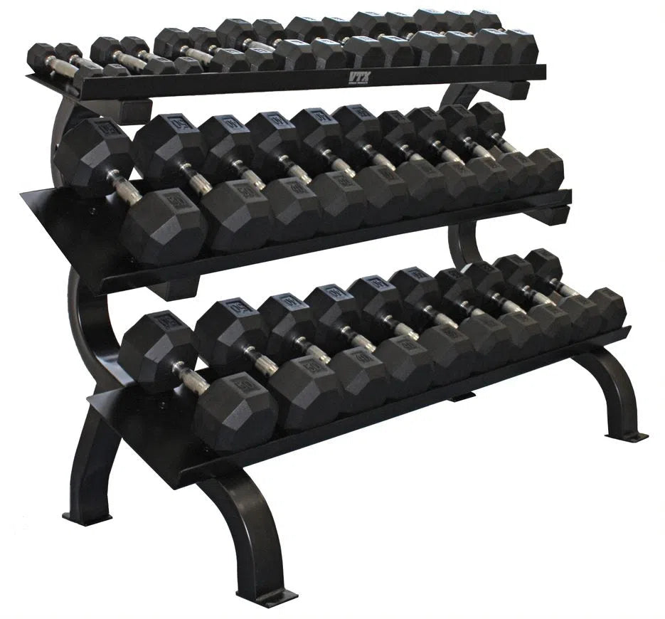 The VTX 5-75 lb Dumbbell Set with Rack features a sleek, three-tier black design and diverse dumbbells. Its angled shelves offer easy access, and the sturdy metal frame ensures durability—an ideal fitness solution for any gym.