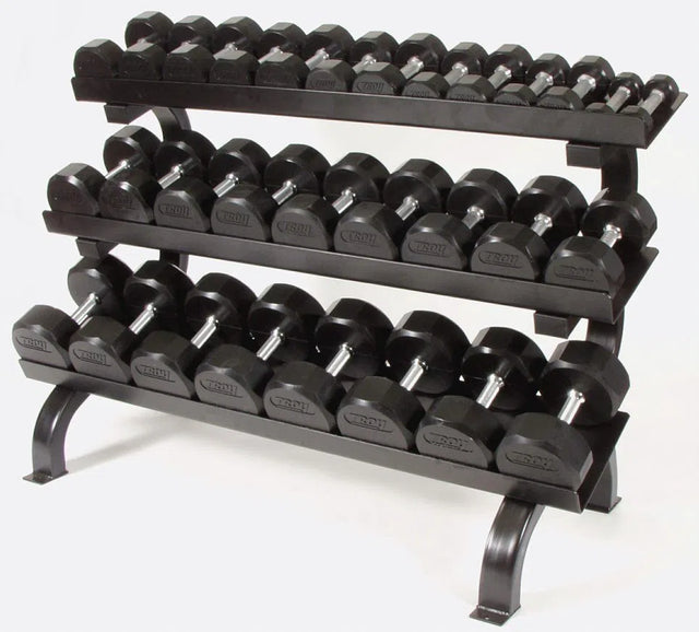 The TROY Barbell 5-75 lb Rubber Commercial Dumbbell Set w/ Rack features a three-tiered black metal rack that organizes varying weights from lightest at the top to heaviest at the bottom, ideal for versatile strength training against a plain background.