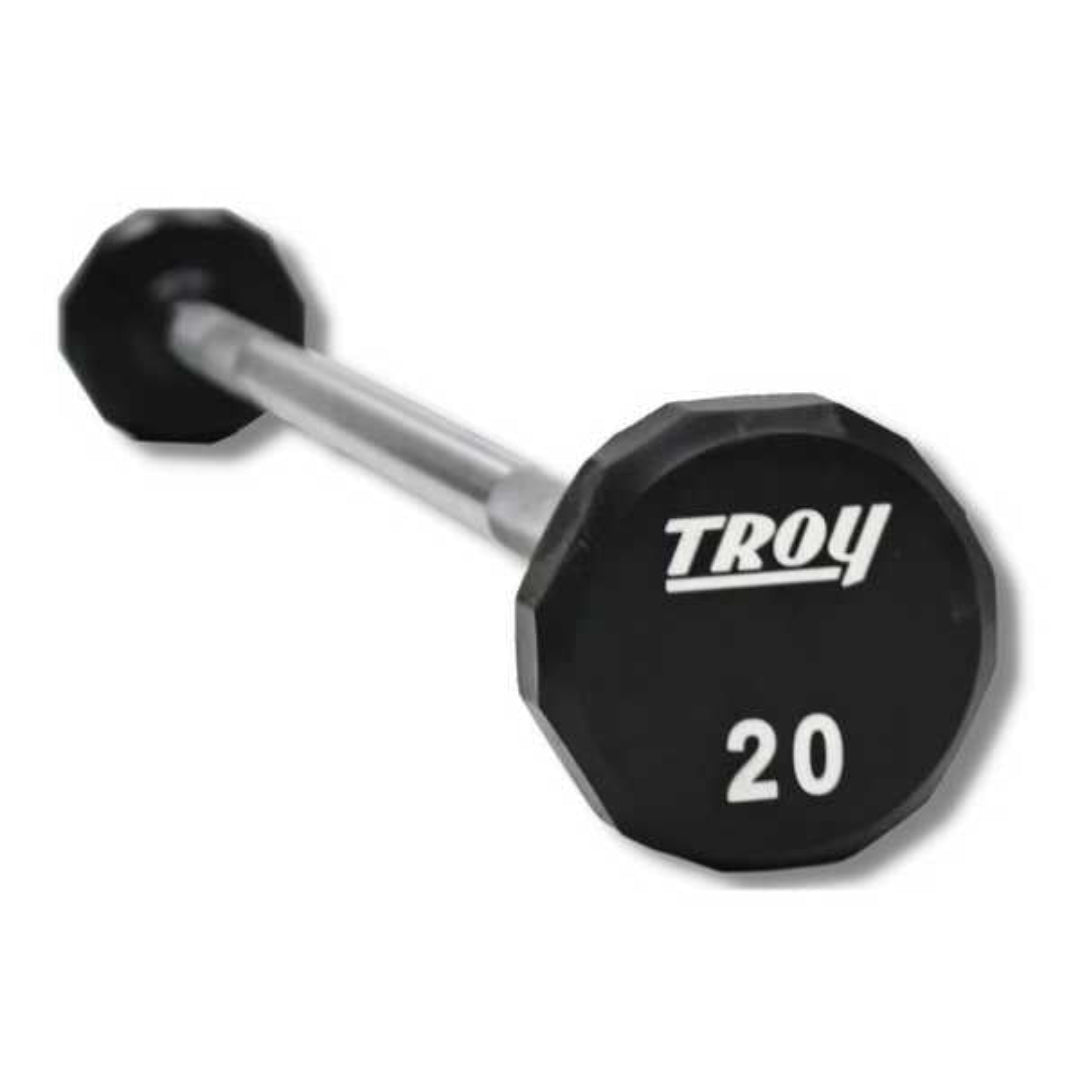 Troy TSB-U 12-sided fixed urethane straight barbell with 30 mm knurled hard chrome grip.