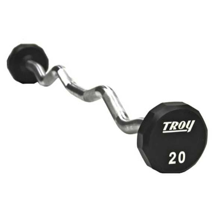Troy TZB-U urethane coated fixed EZ curl barbell with 12-sided heads and angled hard chrome grip.