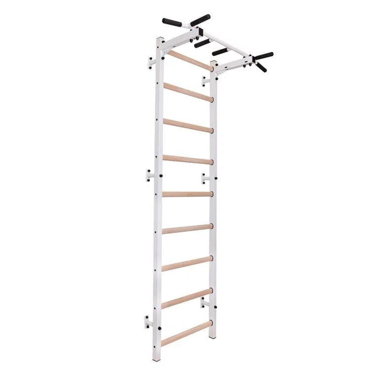 Introducing the BenchK Home Swedish Ladder w/ Pull-Up Bar (721), a sleek, minimalist white, wall-mounted system featuring wooden rungs and multiple grip positions. Ideal for any home gym setup, this BenchK design supports various exercises.