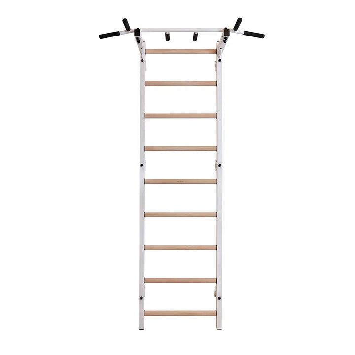 The BenchK Home Swedish Ladder w/ Pull-Up Bar (721) features metal side rails, a pull-up bar with black grips, and wooden rungs. This wall-mounted unit is ideal for enhancing home gym workouts or adding versatility to professional settings.