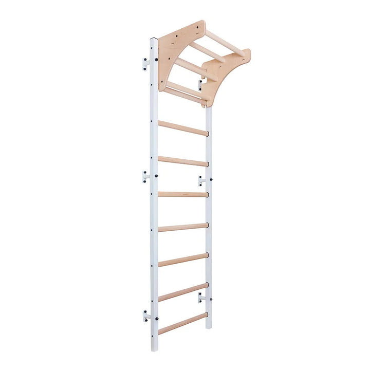 The BenchK Home Stall Bars w/ Wooden Pull-Up Bar (711) by BenchK features a wall-mounted metal frame ladder with eight wooden rungs and a pull-up bar, ideal for sleek, minimalist home gym setups or indoor fitness activities.