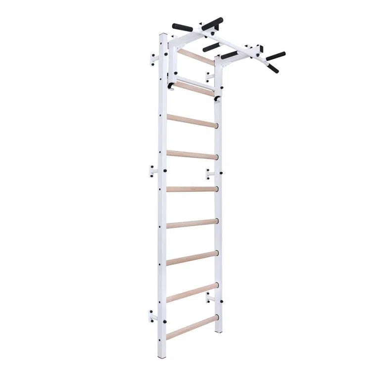 The BenchK Home Wall Bars w/ Flex Pull-Up Bar (731) by BenchK offers a sleek, white and wooden wall-mounted station with multiple rungs and handles. Designed for home workouts, it meets European safety standards and features a sturdy frame suitable for various upper body exercises.