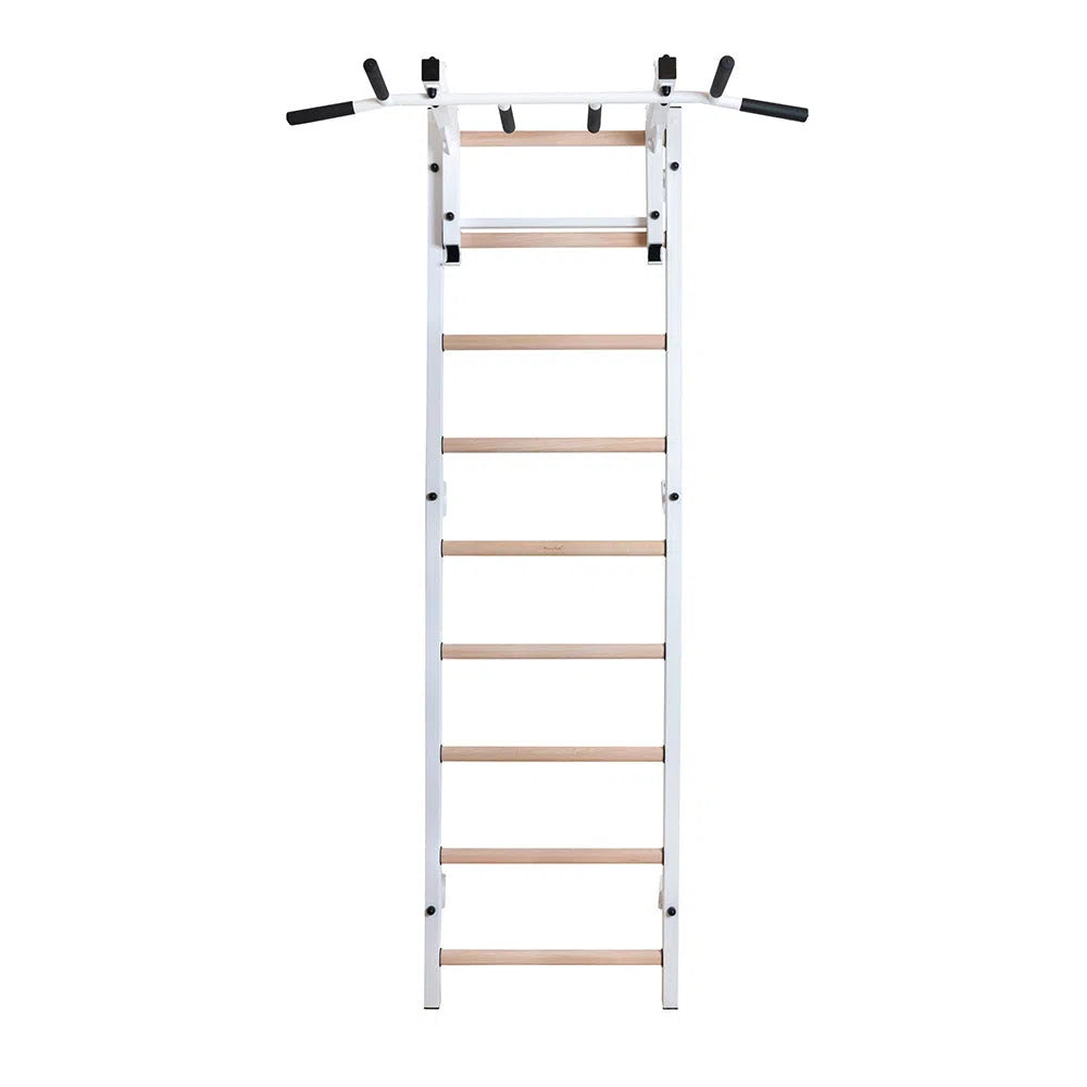 The BenchK Home Wall Bars w/ Flex Pull-Up Bar (731) feature a vertical wooden ladder on a white metal frame with black padded handles for pull-up exercises, blending minimalist design with European safety standards.