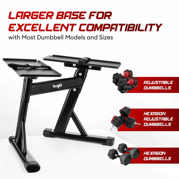 The Yes4All Adjustable Dumbbell Stand features a stable structure and large base for compatibility with various models. It offers easy installation and comes with images of adjustable and hexagon dumbbells, plus text highlighting the stands benefits.