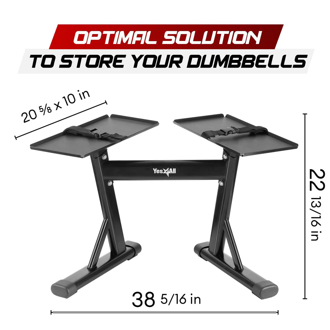 The Yes4All Adjustable Dumbbell Stand, by Yes4All, measures 20 5/8 W x 10 D x 22 13/16 H. It features a sleek black finish with Optimal Solution to Store Your Dumbbells at the top, allowing for easy installation in any space.