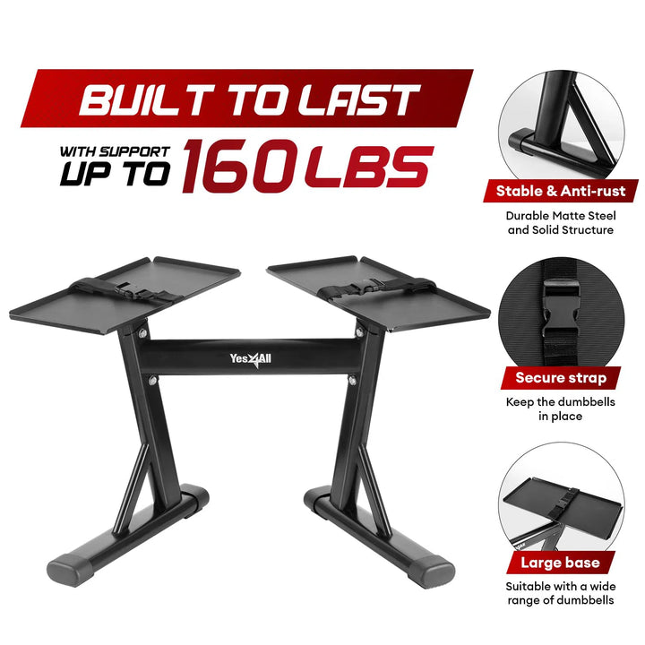 This image displays the Yes4All Adjustable Dumbbell Stand by Yes4All, featuring Built to Last with Support Up to 160 LBS. It boasts easy installation, a stable anti-rust design, secure strap, and large base. The stand is black with a durable matte steel finish.