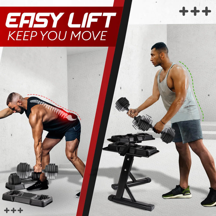 Split image shows two men lifting dumbbells: left with incorrect posture and a red curved spine, right with correct posture and a green straight spine. Text at top reads: YES4ALL KEEPS YOU MOVING. Yes4All Adjustable Dumbbell Stand included for easy installation.