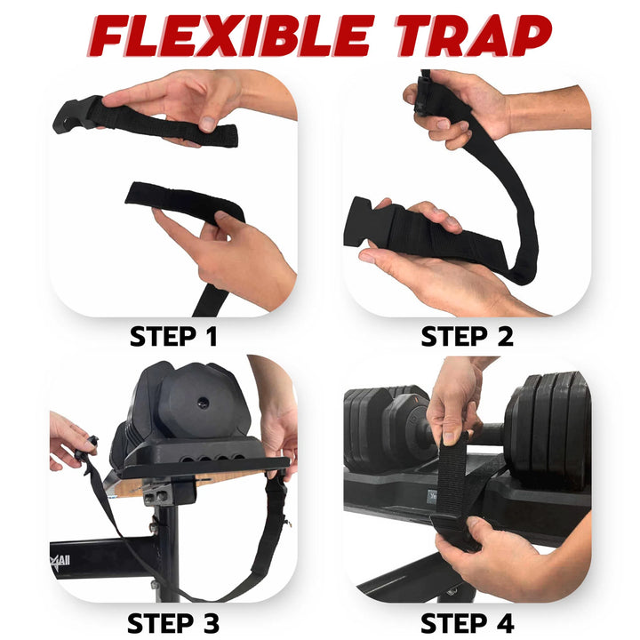 Four-step guide for using the Yes4All Adjustable Dumbbell Stand: Step 1 shows a strap with a clasp; Step 2 involves wrapping the strap; Step 3 demonstrates easy installation on gym equipment; Step 4 illustrates securing it around weights for stability. YES4ALL ADJUSTABLE DUMBBELL STAND is at the top.