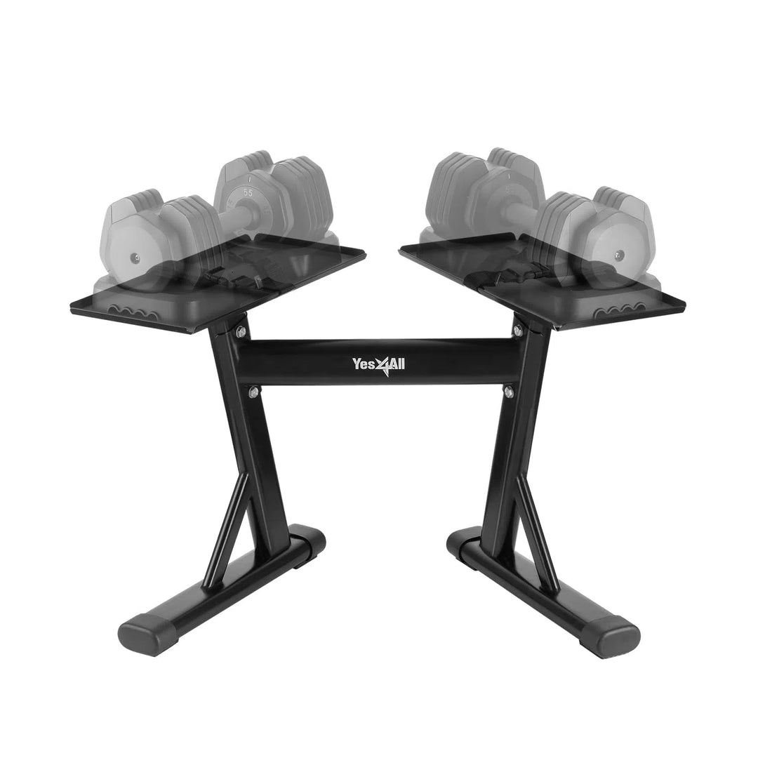 The Yes4All Adjustable Dumbbell Stand features the Yes4All brand, offering an easily installed, stable structure with retractable dumbbells on two platforms against a plain white background.