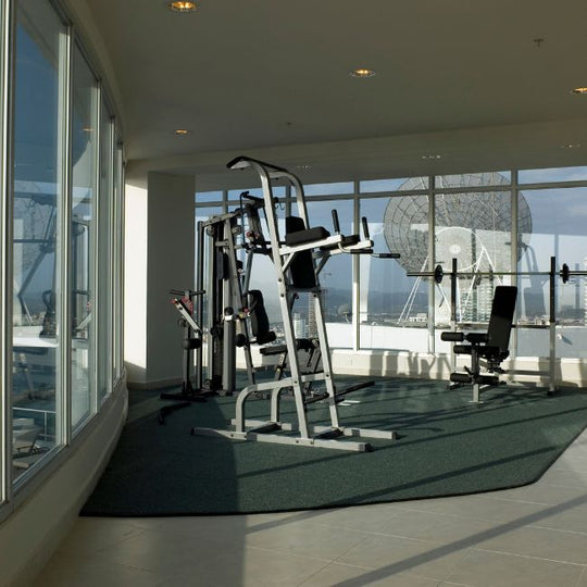 A modern gym room with weight machines, a bench press, and large windows offering a city view. The space is well-lit, with light streaming in through the windows, creating a serene workout environment.