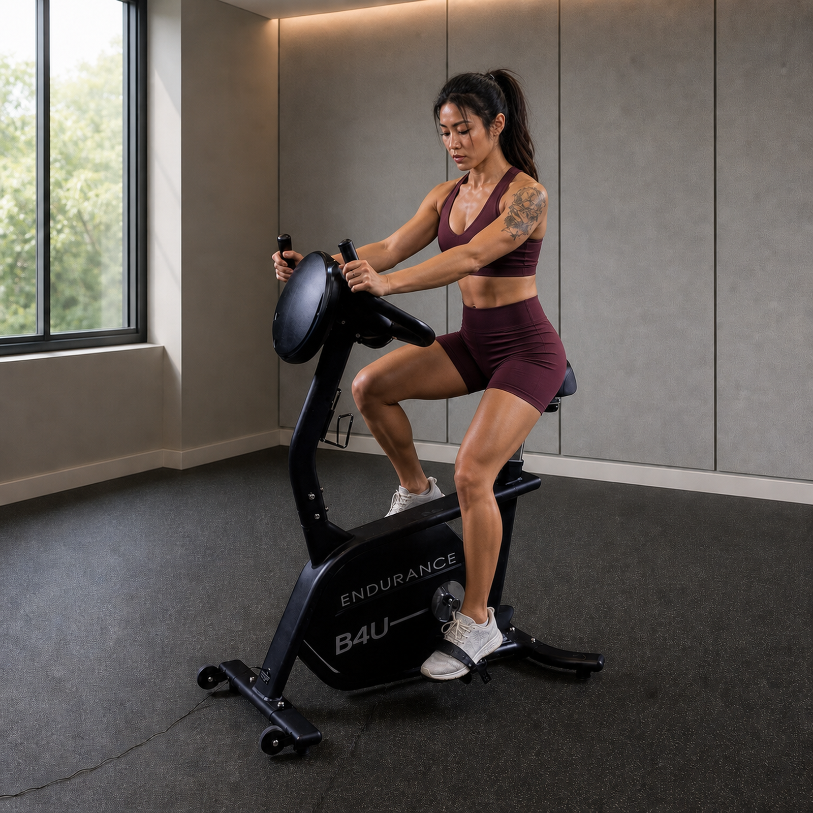 Body-Solid Endurance B4UB upright bike with athlete riding in a premium light-commercial gym