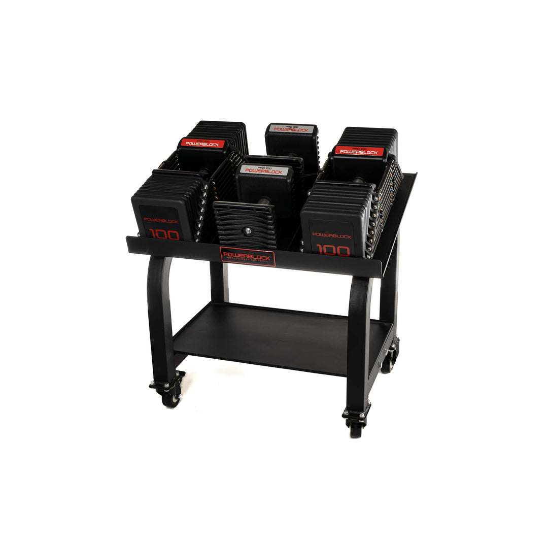 PowerBlock Commercial Pro 100 adjustable dumbbells on the rolling Pro Max stand with commercial casters