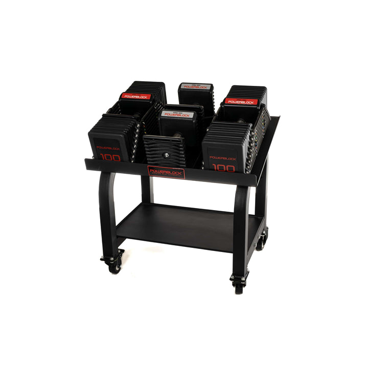 PowerBlock Commercial Pro 100 adjustable dumbbells on the rolling Pro Max stand with commercial casters