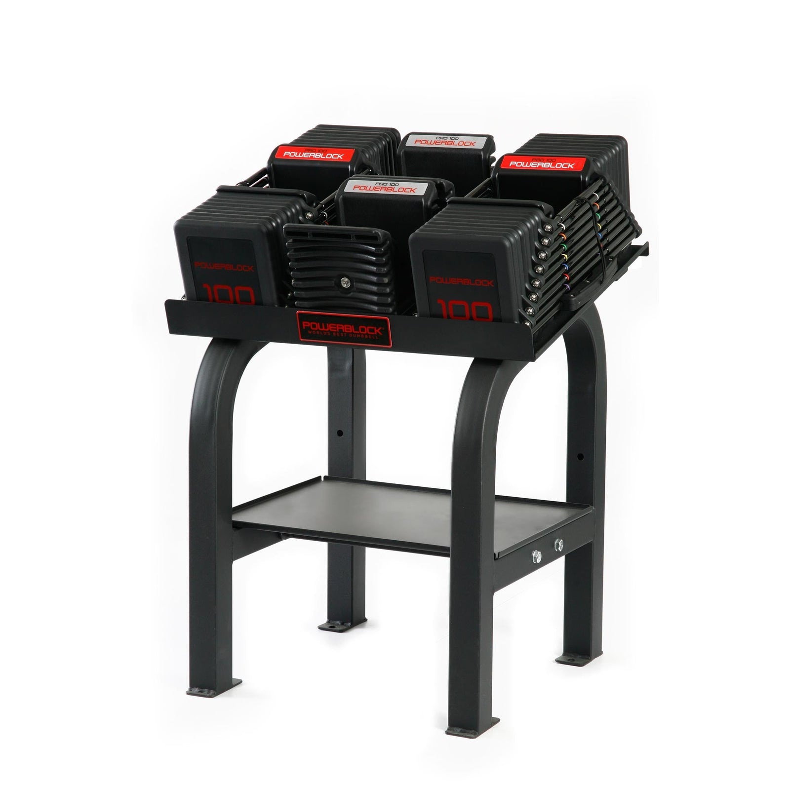 PowerBlock Commercial Pro 100 adjustable dumbbell pair loaded on the Pro Rack stand with the 5 lb knurled handles in place