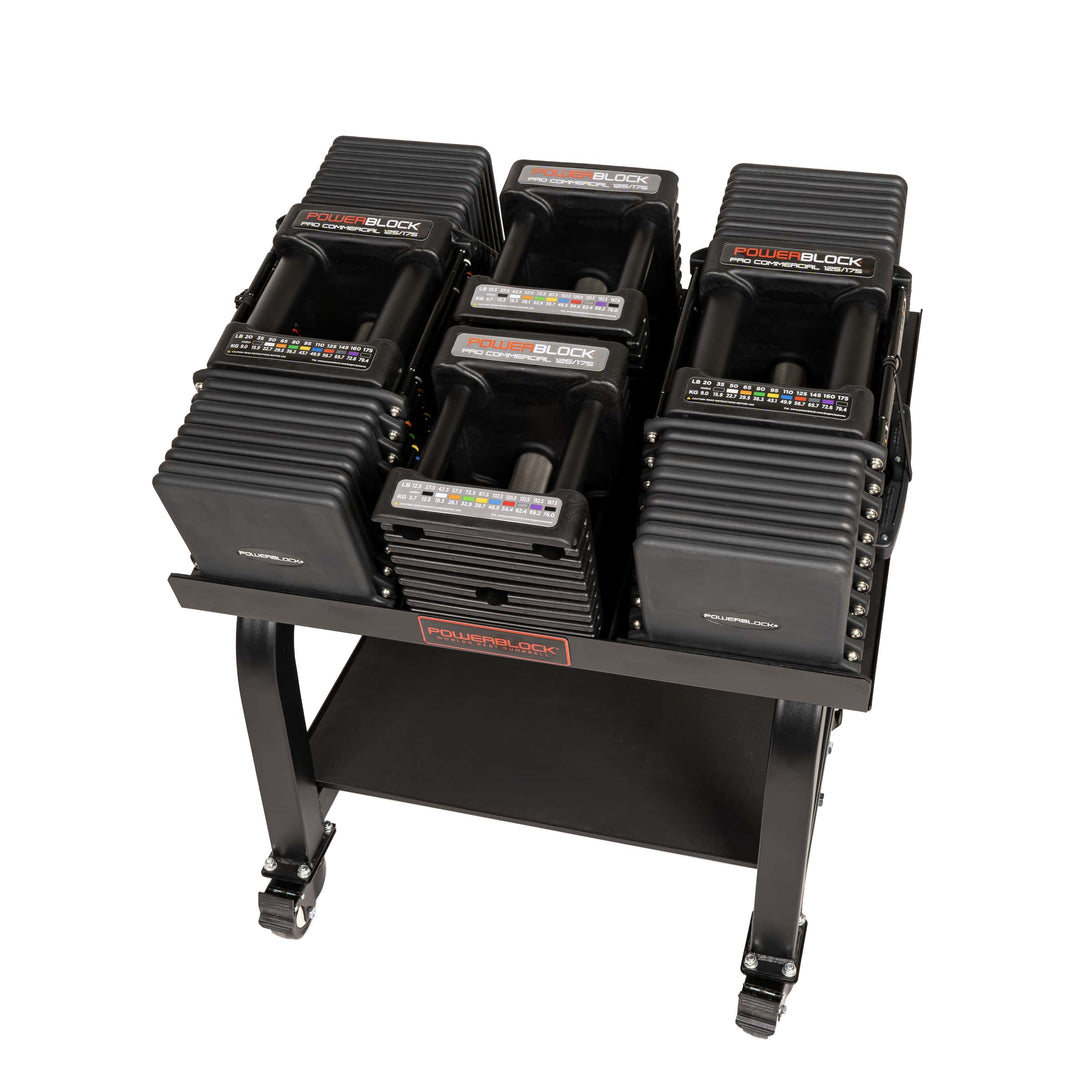 PowerBlock Commercial Pro 175 adjustable dumbbell showing the knurled stainless steel handle and black urethane coated plates
