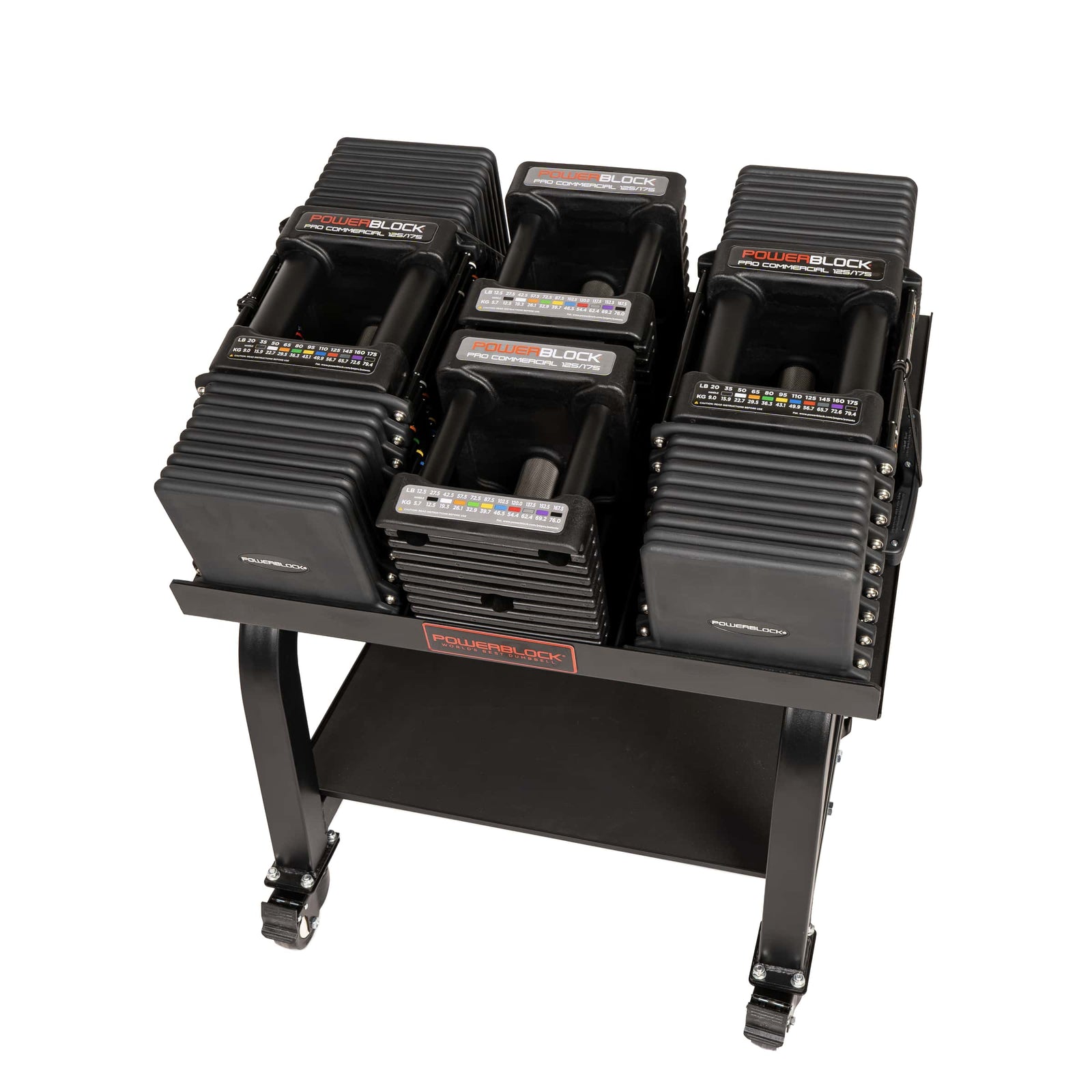 PowerBlock Commercial Pro 175 adjustable dumbbell showing the knurled stainless steel handle and black urethane coated plates