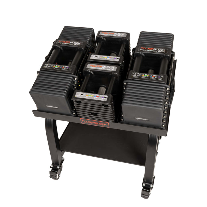 PowerBlock Commercial Pro 175 adjustable dumbbell showing the knurled stainless steel handle and black urethane coated plates