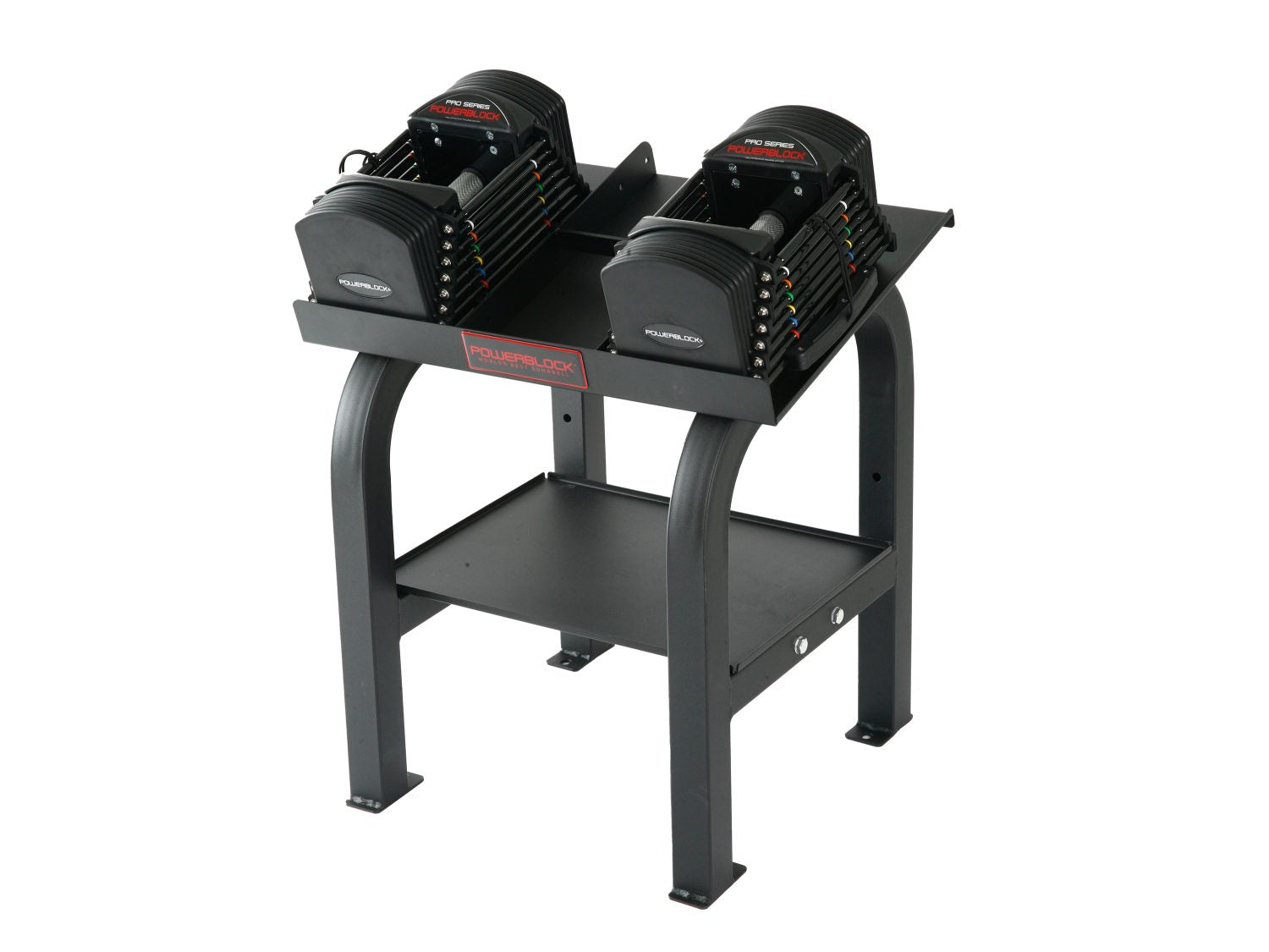 PowerBlock Commercial Pro 50 adjustable dumbbell pair shown with the included Pro Rack stand, part 750-00311-00