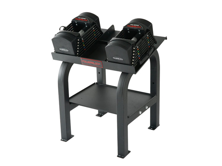 PowerBlock Commercial Pro 50 adjustable dumbbell pair shown with the included Pro Rack stand, part 750-00311-00
