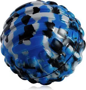 Blue, gray, and black textured Coniflor massage ball on a white background.