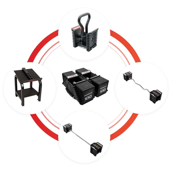 PowerBlock Pro 100 EXP core weight stack shown with the compatible straight bar, EZ curl bar and kettlebell handle attachments