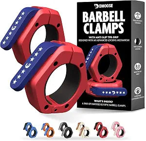 Pair of red and blue DMoose magnetic quick-release Olympic barbell collars.