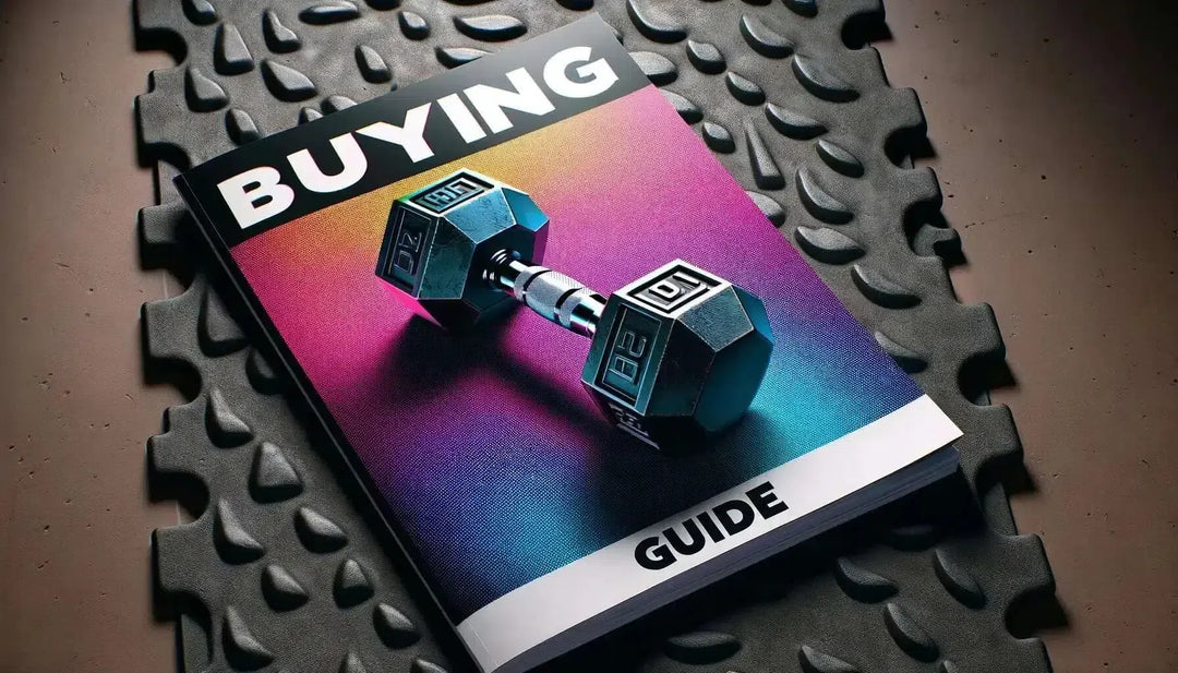 A magazine with a colorful gradient cover featuring a dumbbell and the text BUYING GUIDE, placed on a textured rubber mat.