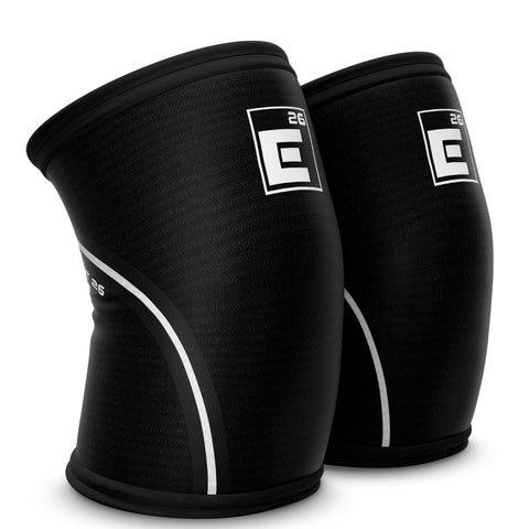 A pair of black Element 26 knee sleeves with white accents.