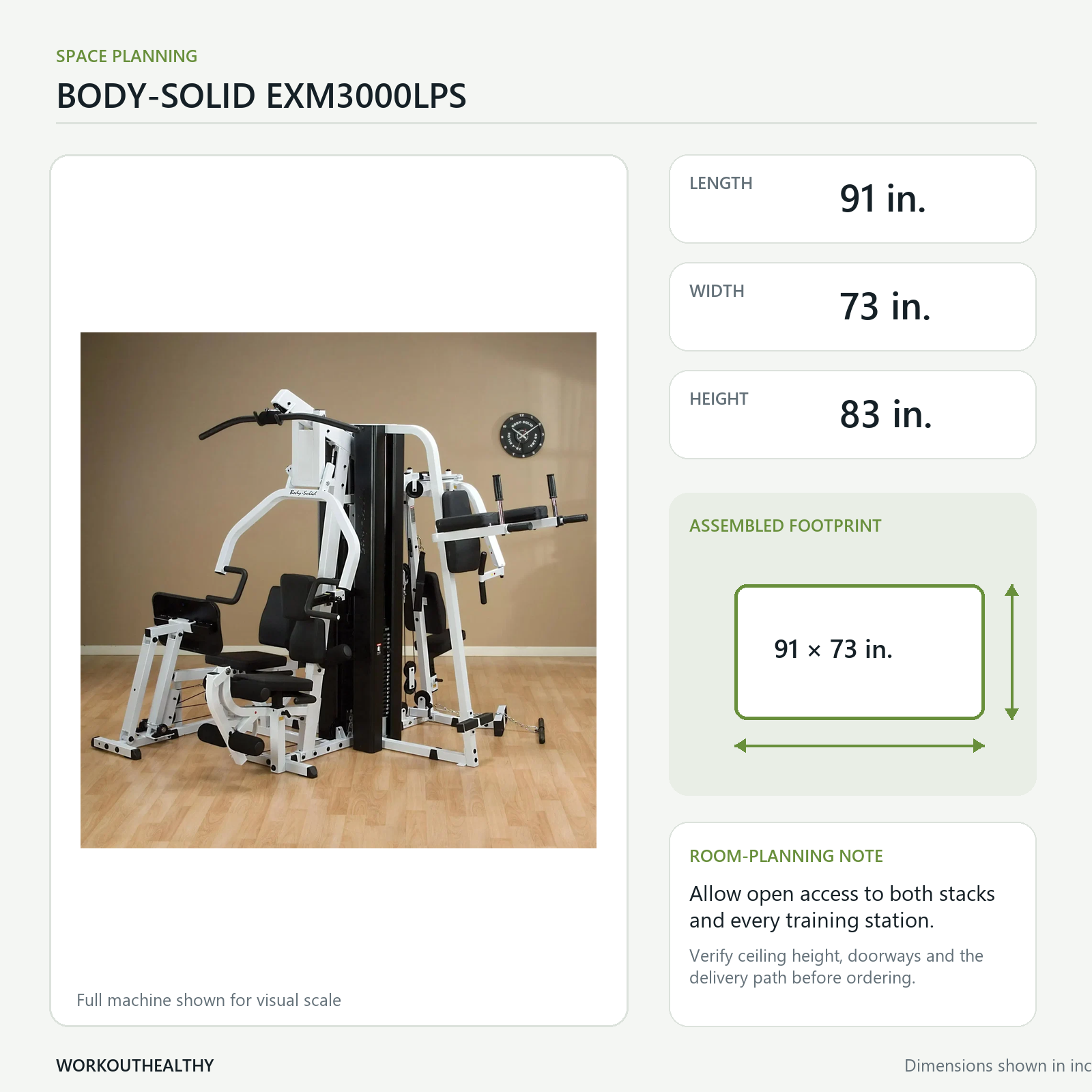 Body-Solid EXM3000LPS dimensions and floor-space planning: 91 by 73 by 83 inches