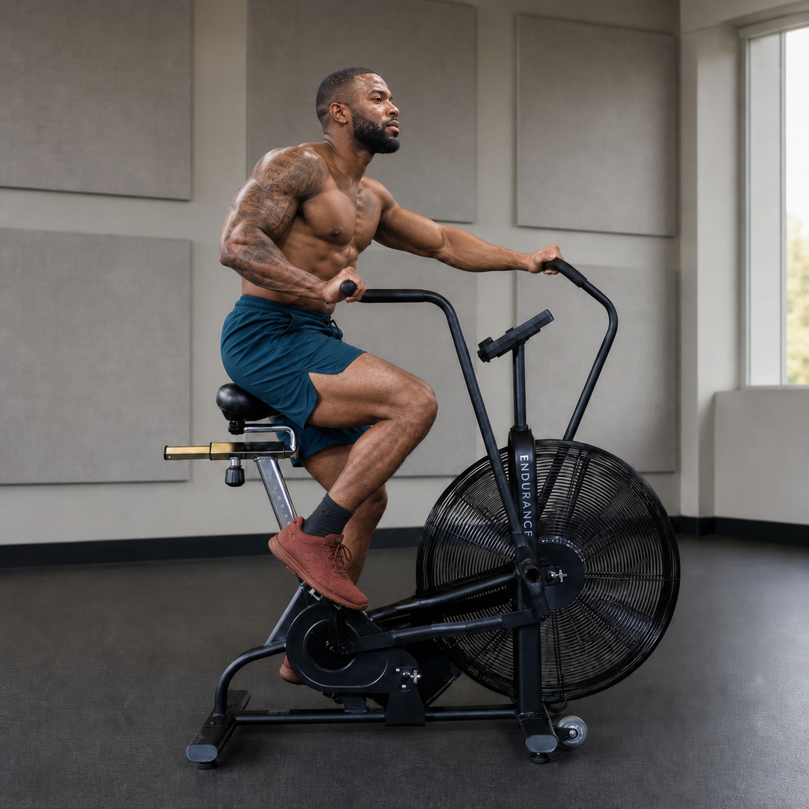 Body-Solid Endurance FB300B fan bike with athlete using the dual-action handlebars