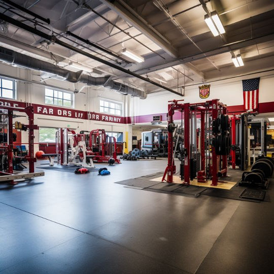 A well-lit gym with weightlifting equipment, including squat racks and benches, on a black rubber floor. An American flag and motivational text are displayed on the walls. Large windows allow natural light to enter the space.