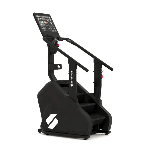 The STEPR PRO Classic Stair Climber by STEPR is a sleek black machine with sturdy handrails and a digital display, perfect for high-intensity training. Its compact design makes it ideal for fitness enthusiasts looking to enhance their workout experience with modern solutions.