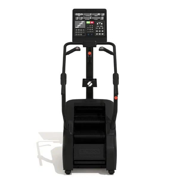 The STEPR Classic Stair Climber, by STEPR, is a sleek black cardio workout machine featuring handrails and a digital control panel with buttons and a screen. Its the perfect addition to any home gym with its modern design.