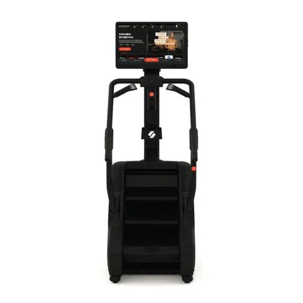 The STEPR PRO+ Commercial Stair Climber by STEPR is a sleek, minimalist machine with a sturdy frame featuring an HD touchscreen that displays a fitness app interface against a white background.