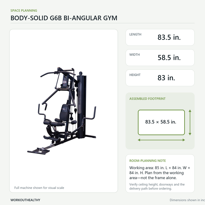 Body-Solid G6B dimensions and floor-space planning: 83.5 by 58.5 by 83 inches