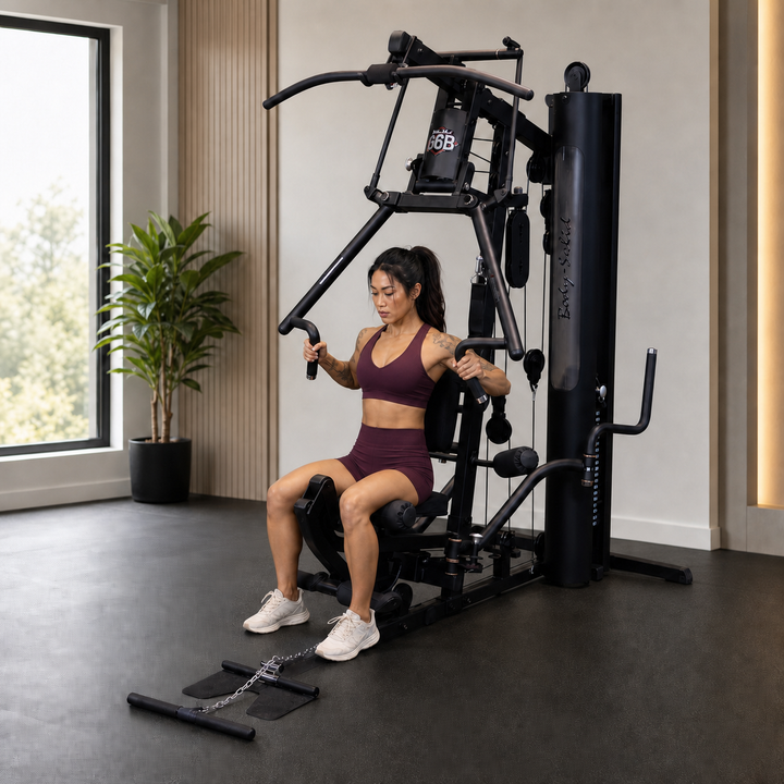 Fit model performing an incline press on the Body-Solid G6B Bi-Angular press arm