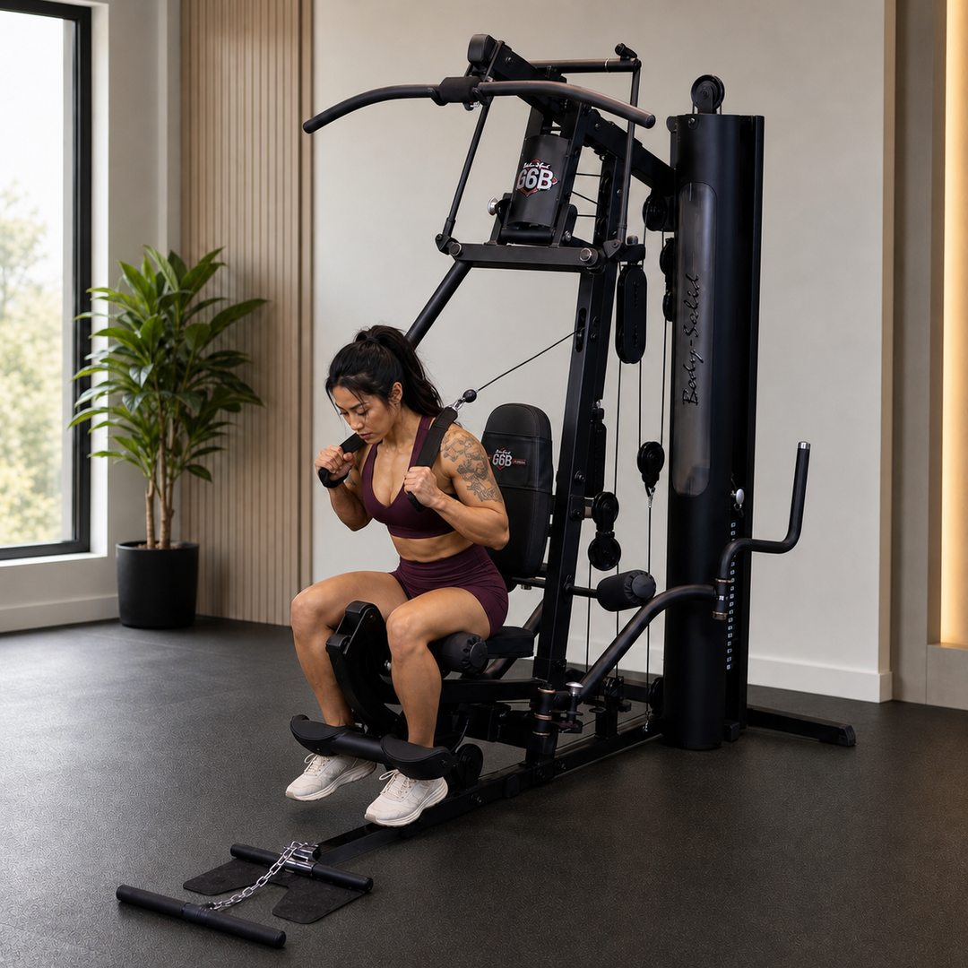 Fit model performing a seated cable abdominal crunch on the Body-Solid G6B