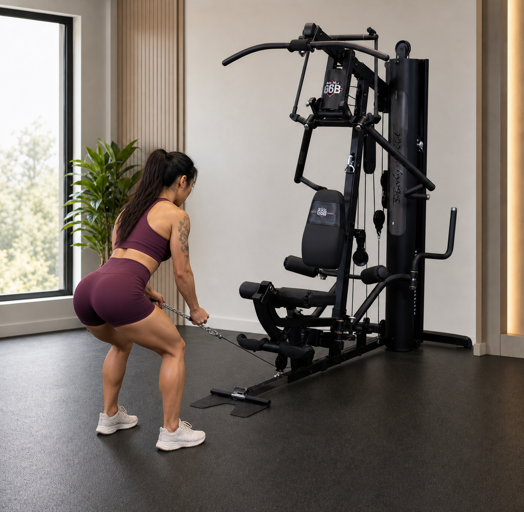 Fit model performing a standing bent-over row on the Body-Solid G6B low pulley