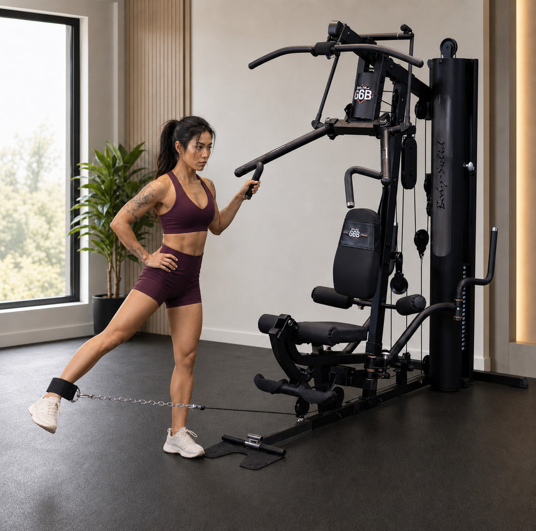 Fit model performing a standing hip abduction on the Body-Solid G6B low pulley