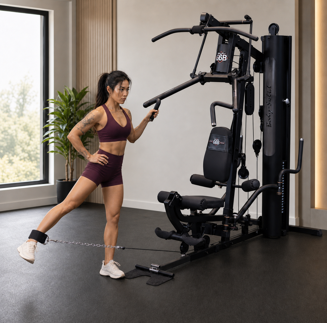 Fit model performing a standing hip abduction on the Body-Solid G6B low pulley