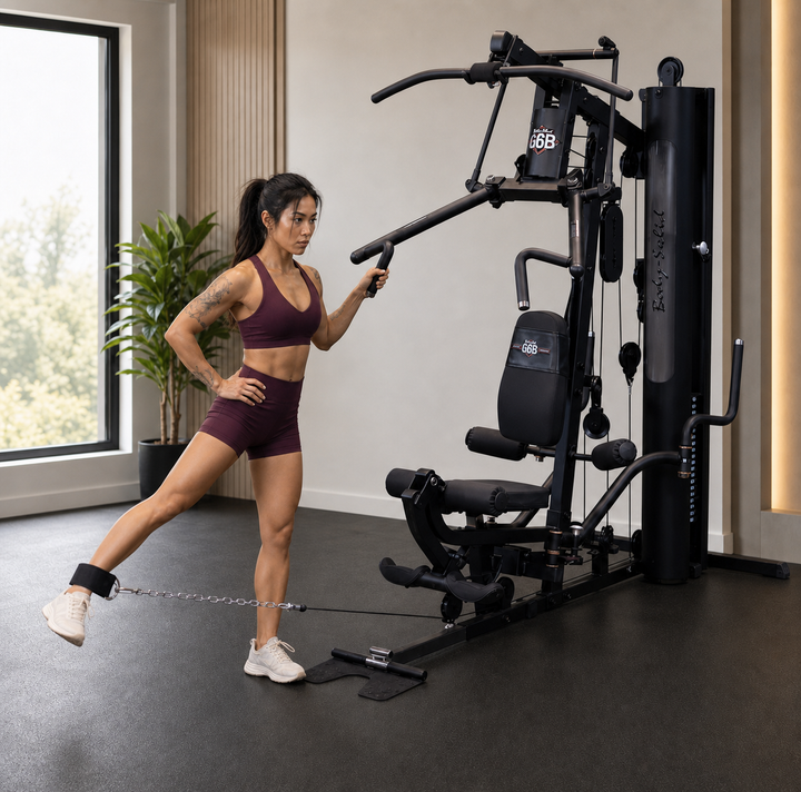 Fit model performing a standing hip abduction on the Body-Solid G6B low pulley
