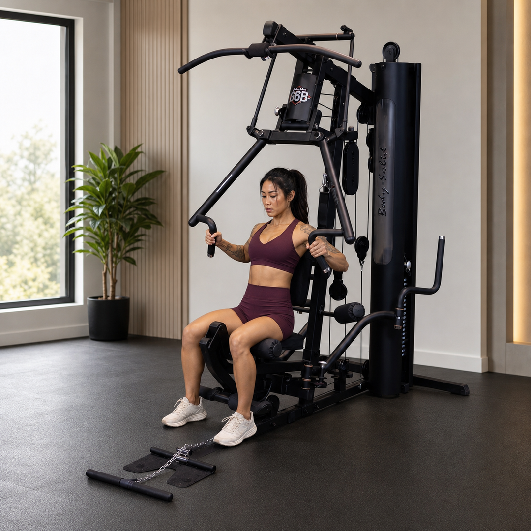 Fit model performing a chest press on the Body-Solid G6B Bi-Angular press arm