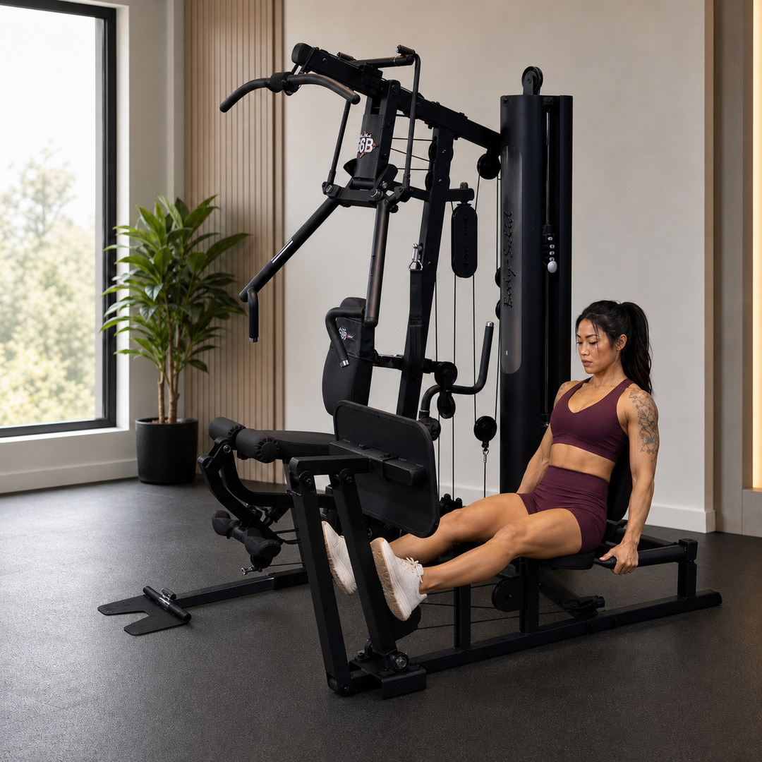 Fit model using the optional GLPB leg press attachment on the Body-Solid G6B